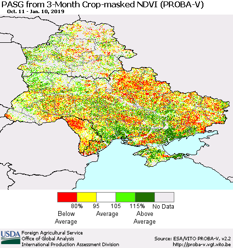 Ukraine, Moldova and Belarus PASG from 3-Month Crop-masked NDVI (PROBA-V) Thematic Map For 1/1/2019 - 1/10/2019