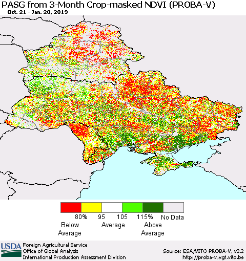Ukraine, Moldova and Belarus PASG from 3-Month Crop-masked NDVI (PROBA-V) Thematic Map For 1/11/2019 - 1/20/2019