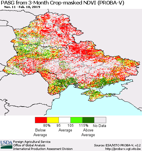 Ukraine, Moldova and Belarus PASG from 3-Month Crop-masked NDVI (PROBA-V) Thematic Map For 2/1/2019 - 2/10/2019