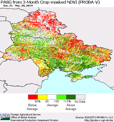 Ukraine, Moldova and Belarus PASG from 3-Month Crop-masked NDVI (PROBA-V) Thematic Map For 3/11/2019 - 3/20/2019