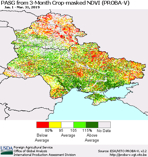 Ukraine, Moldova and Belarus PASG from 3-Month Crop-masked NDVI (PROBA-V) Thematic Map For 3/21/2019 - 3/31/2019