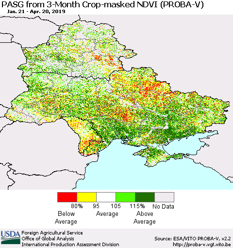 Ukraine, Moldova and Belarus PASG from 3-Month Crop-masked NDVI (PROBA-V) Thematic Map For 4/11/2019 - 4/20/2019