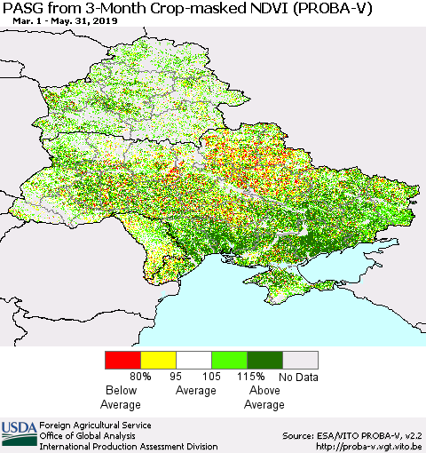 Ukraine, Moldova and Belarus PASG from 3-Month Crop-masked NDVI (PROBA-V) Thematic Map For 5/21/2019 - 5/31/2019