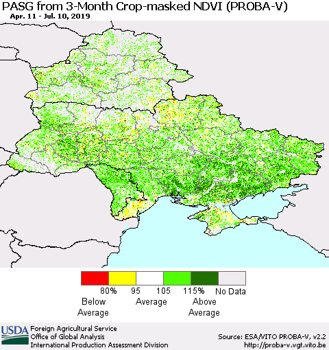 Ukraine, Moldova and Belarus PASG from 3-Month Crop-masked NDVI (PROBA-V) Thematic Map For 7/1/2019 - 7/10/2019