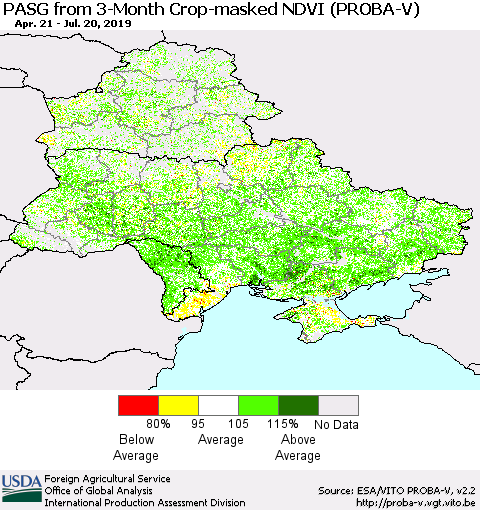 Ukraine, Moldova and Belarus PASG from 3-Month Crop-masked NDVI (PROBA-V) Thematic Map For 7/11/2019 - 7/20/2019