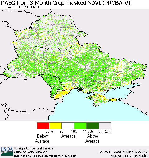 Ukraine, Moldova and Belarus PASG from 3-Month Crop-masked NDVI (PROBA-V) Thematic Map For 7/21/2019 - 7/31/2019