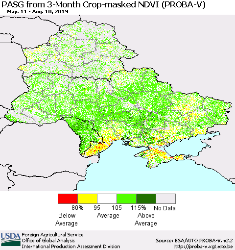 Ukraine, Moldova and Belarus PASG from 3-Month Crop-masked NDVI (PROBA-V) Thematic Map For 8/1/2019 - 8/10/2019