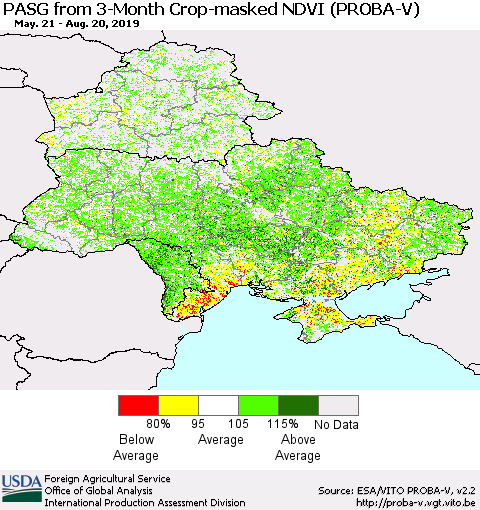 Ukraine, Moldova and Belarus PASG from 3-Month Crop-masked NDVI (PROBA-V) Thematic Map For 8/11/2019 - 8/20/2019