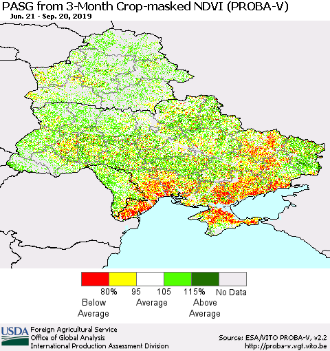Ukraine, Moldova and Belarus PASG from 3-Month Crop-masked NDVI (PROBA-V) Thematic Map For 9/11/2019 - 9/20/2019