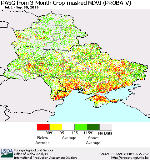 Ukraine, Moldova and Belarus PASG from 3-Month Crop-masked NDVI (PROBA-V) Thematic Map For 9/21/2019 - 9/30/2019