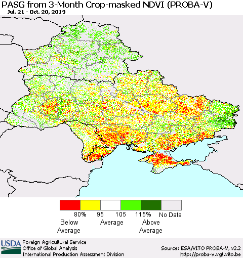 Ukraine, Moldova and Belarus PASG from 3-Month Crop-masked NDVI (PROBA-V) Thematic Map For 10/11/2019 - 10/20/2019