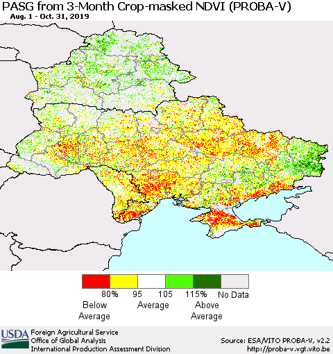 Ukraine, Moldova and Belarus PASG from 3-Month Crop-masked NDVI (PROBA-V) Thematic Map For 10/21/2019 - 10/31/2019