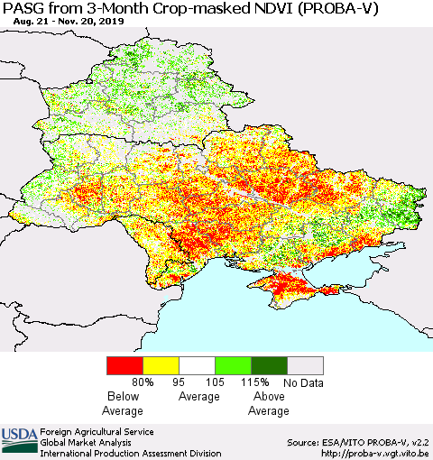 Ukraine, Moldova and Belarus PASG from 3-Month Crop-masked NDVI (PROBA-V) Thematic Map For 11/11/2019 - 11/20/2019