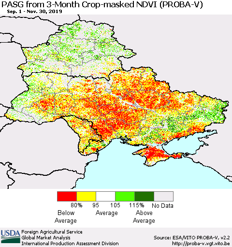 Ukraine, Moldova and Belarus PASG from 3-Month Crop-masked NDVI (PROBA-V) Thematic Map For 11/21/2019 - 11/30/2019