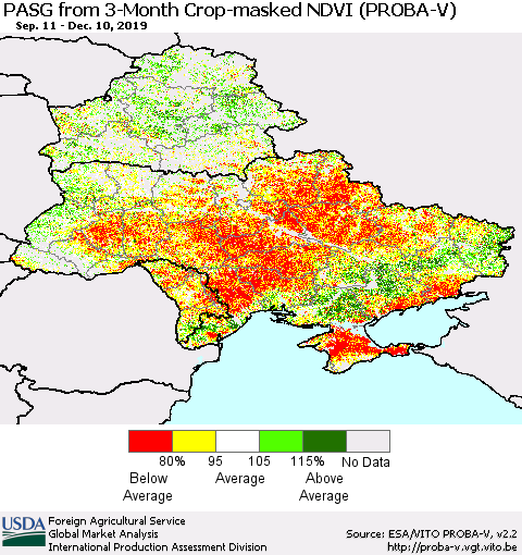 Ukraine, Moldova and Belarus PASG from 3-Month Crop-masked NDVI (PROBA-V) Thematic Map For 12/1/2019 - 12/10/2019