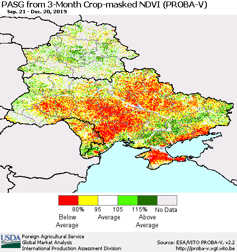 Ukraine, Moldova and Belarus PASG from 3-Month Crop-masked NDVI (PROBA-V) Thematic Map For 12/11/2019 - 12/20/2019