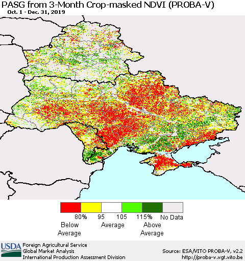 Ukraine, Moldova and Belarus PASG from 3-Month Crop-masked NDVI (PROBA-V) Thematic Map For 12/21/2019 - 12/31/2019