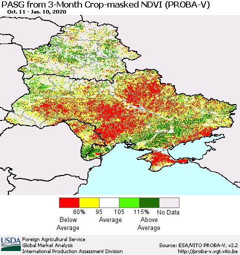 Ukraine, Moldova and Belarus PASG from 3-Month Crop-masked NDVI (PROBA-V) Thematic Map For 1/1/2020 - 1/10/2020
