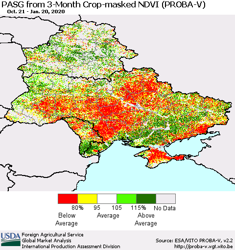 Ukraine, Moldova and Belarus PASG from 3-Month Crop-masked NDVI (PROBA-V) Thematic Map For 1/11/2020 - 1/20/2020