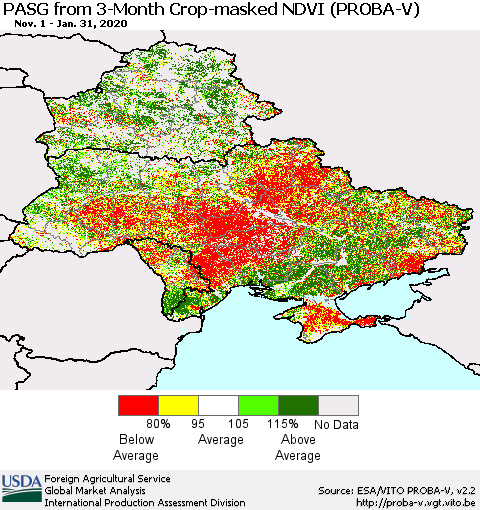 Ukraine, Moldova and Belarus PASG from 3-Month Crop-masked NDVI (PROBA-V) Thematic Map For 1/21/2020 - 1/31/2020