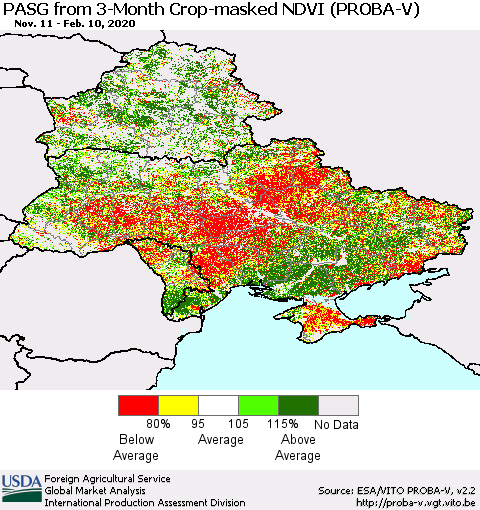 Ukraine, Moldova and Belarus PASG from 3-Month Crop-masked NDVI (PROBA-V) Thematic Map For 2/1/2020 - 2/10/2020