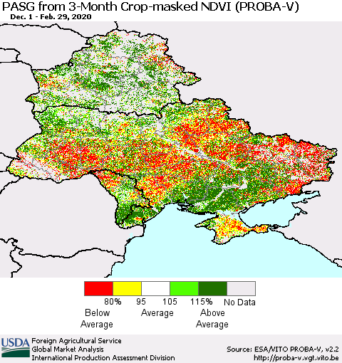 Ukraine, Moldova and Belarus PASG from 3-Month Crop-masked NDVI (PROBA-V) Thematic Map For 2/21/2020 - 2/29/2020