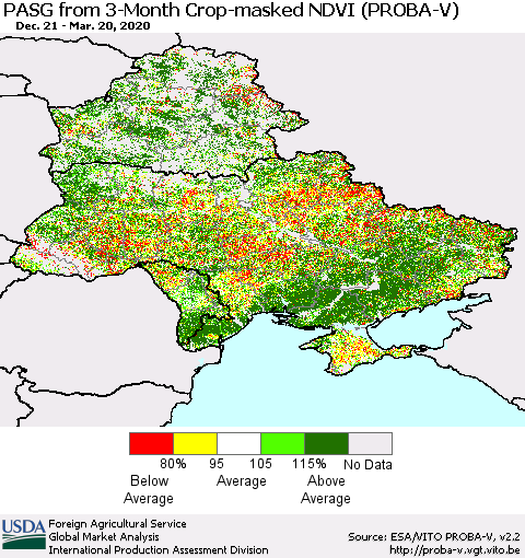Ukraine, Moldova and Belarus PASG from 3-Month Crop-masked NDVI (PROBA-V) Thematic Map For 3/11/2020 - 3/20/2020