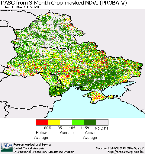 Ukraine, Moldova and Belarus PASG from 3-Month Crop-masked NDVI (PROBA-V) Thematic Map For 3/21/2020 - 3/31/2020