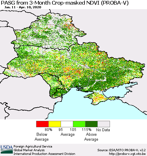 Ukraine, Moldova and Belarus PASG from 3-Month Crop-masked NDVI (PROBA-V) Thematic Map For 4/1/2020 - 4/10/2020