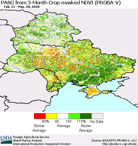Ukraine, Moldova and Belarus PASG from 3-Month Crop-masked NDVI (PROBA-V) Thematic Map For 5/11/2020 - 5/20/2020