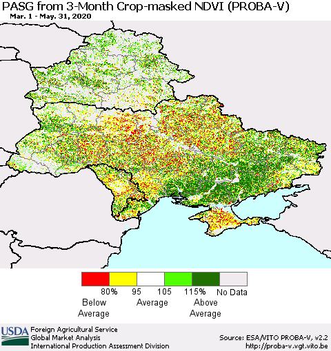 Ukraine, Moldova and Belarus PASG from 3-Month Crop-masked NDVI (PROBA-V) Thematic Map For 5/21/2020 - 5/31/2020