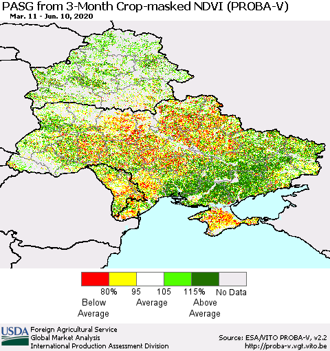 Ukraine, Moldova and Belarus PASG from 3-Month Crop-masked NDVI (PROBA-V) Thematic Map For 6/1/2020 - 6/10/2020