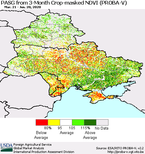 Ukraine, Moldova and Belarus PASG from 3-Month Crop-masked NDVI (PROBA-V) Thematic Map For 6/11/2020 - 6/20/2020