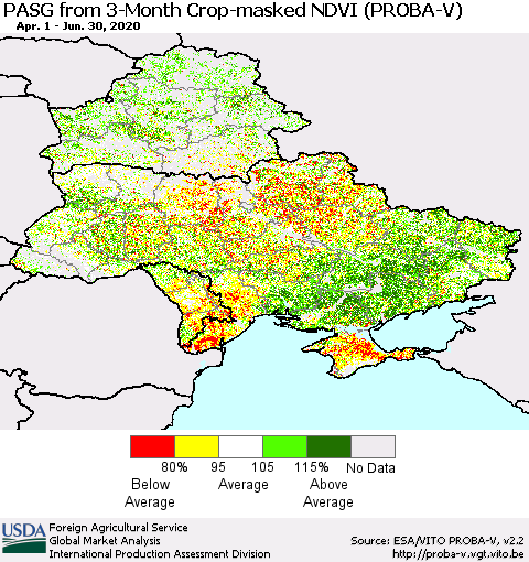 Ukraine, Moldova and Belarus PASG from 3-Month Crop-masked NDVI (PROBA-V) Thematic Map For 6/21/2020 - 6/30/2020