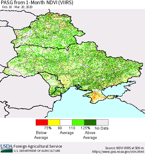 Ukraine, Moldova and Belarus PASG from 1-Month NDVI (VIIRS) Thematic Map For 3/11/2020 - 3/20/2020