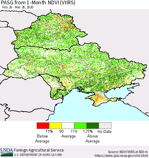 Ukraine, Moldova and Belarus PASG from 1-Month NDVI (VIIRS) Thematic Map For 3/21/2020 - 3/31/2020