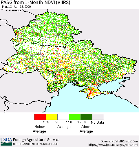Ukraine, Moldova and Belarus PASG from 1-Month NDVI (VIIRS) Thematic Map For 4/11/2020 - 4/20/2020
