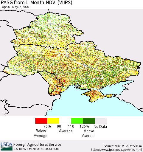 Ukraine, Moldova and Belarus PASG from 1-Month NDVI (VIIRS) Thematic Map For 5/1/2020 - 5/10/2020