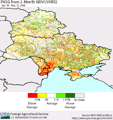 Ukraine, Moldova and Belarus PASG from 1-Month NDVI (VIIRS) Thematic Map For 5/21/2020 - 5/31/2020