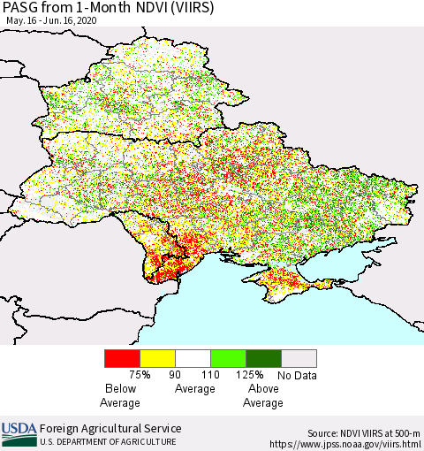 Ukraine, Moldova and Belarus PASG from 1-Month NDVI (VIIRS) Thematic Map For 6/11/2020 - 6/20/2020