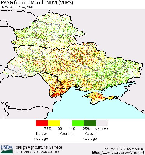 Ukraine, Moldova and Belarus PASG from 1-Month NDVI (VIIRS) Thematic Map For 6/21/2020 - 6/30/2020