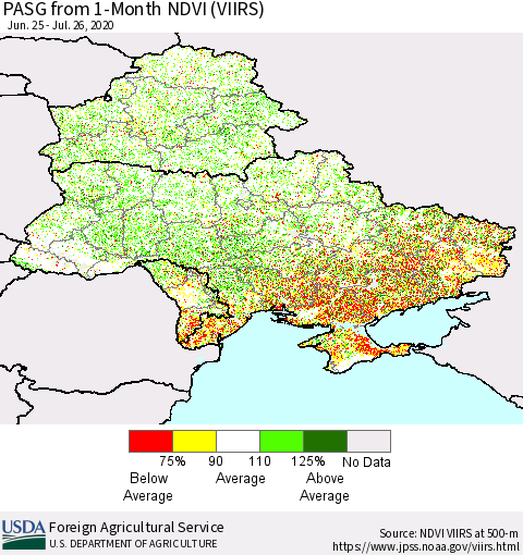 Ukraine, Moldova and Belarus PASG from 1-Month NDVI (VIIRS) Thematic Map For 7/21/2020 - 7/31/2020