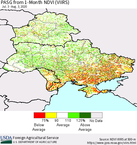 Ukraine, Moldova and Belarus PASG from 1-Month NDVI (VIIRS) Thematic Map For 8/1/2020 - 8/10/2020