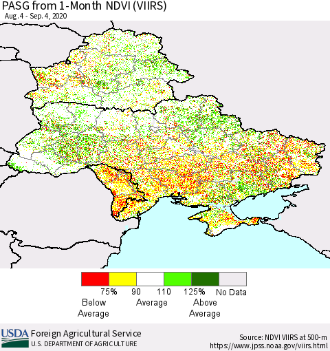 Ukraine, Moldova and Belarus PASG from 1-Month NDVI (VIIRS) Thematic Map For 9/1/2020 - 9/10/2020
