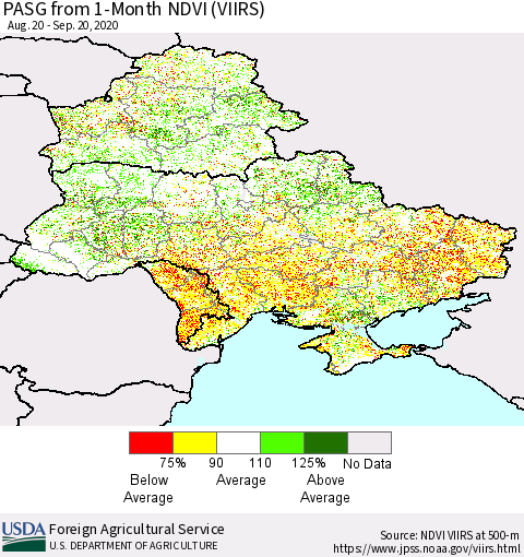 Ukraine, Moldova and Belarus PASG from 1-Month NDVI (VIIRS) Thematic Map For 9/11/2020 - 9/20/2020