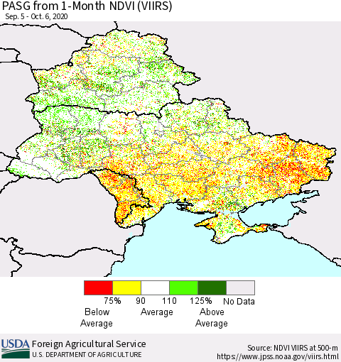 Ukraine, Moldova and Belarus PASG from 1-Month NDVI (VIIRS) Thematic Map For 10/1/2020 - 10/10/2020