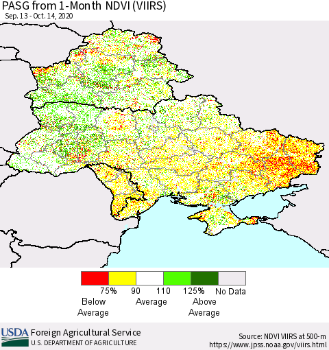 Ukraine, Moldova and Belarus PASG from 1-Month NDVI (VIIRS) Thematic Map For 10/11/2020 - 10/20/2020