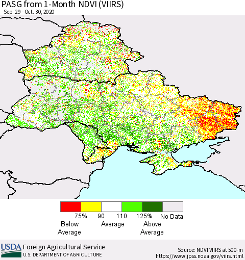 Ukraine, Moldova and Belarus PASG from 1-Month NDVI (VIIRS) Thematic Map For 10/21/2020 - 10/31/2020