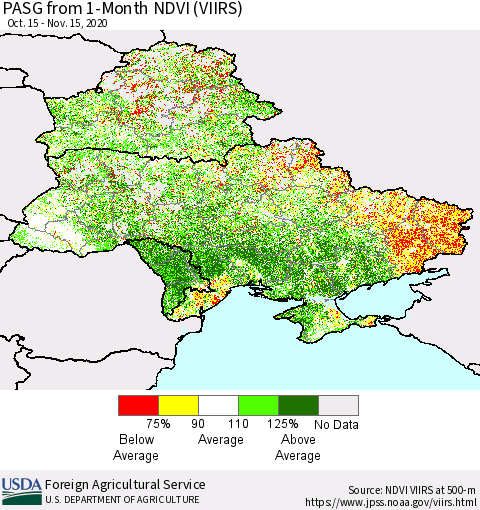 Ukraine, Moldova and Belarus PASG from 1-Month NDVI (VIIRS) Thematic Map For 11/11/2020 - 11/20/2020