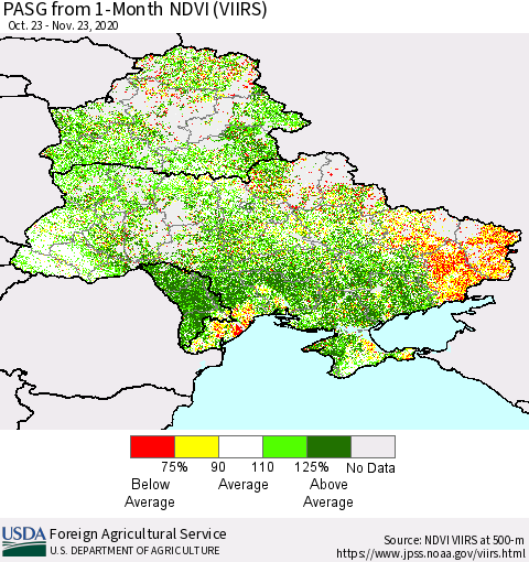 Ukraine, Moldova and Belarus PASG from 1-Month NDVI (VIIRS) Thematic Map For 11/21/2020 - 11/30/2020